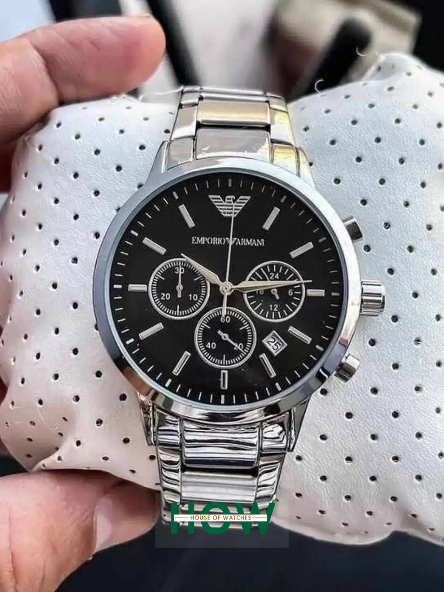 Emporio Armani Silver Chronograph Watch – Black Dial Classic Refined Edition - Image 2