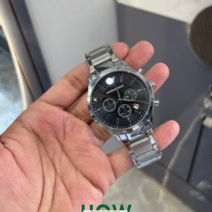 Emporio Armani Silver Chronograph Watch – Black Dial Classic Refined Edition