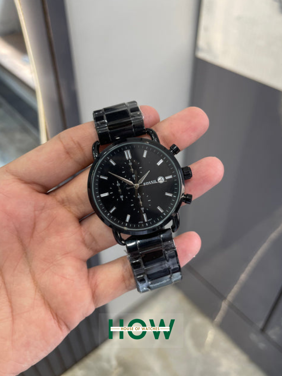 Fossil Black Chronograph Watch – Bold Modern Polished Bracelet Edition