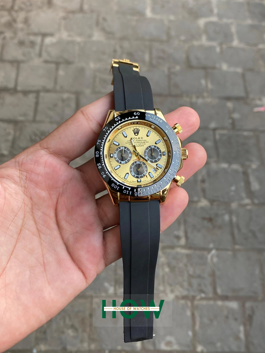 Gold Dial Black Case Silicon Strap Stylish Watch For Men